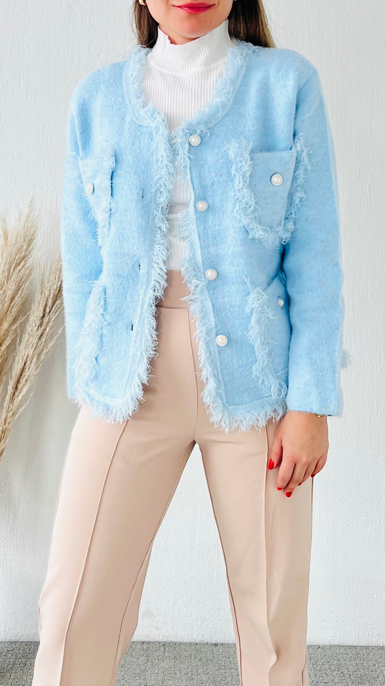 Blazer afelpado botones perla azul