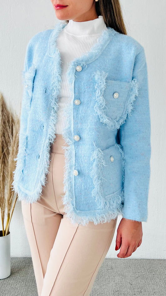 Blazer afelpado botones perla azul